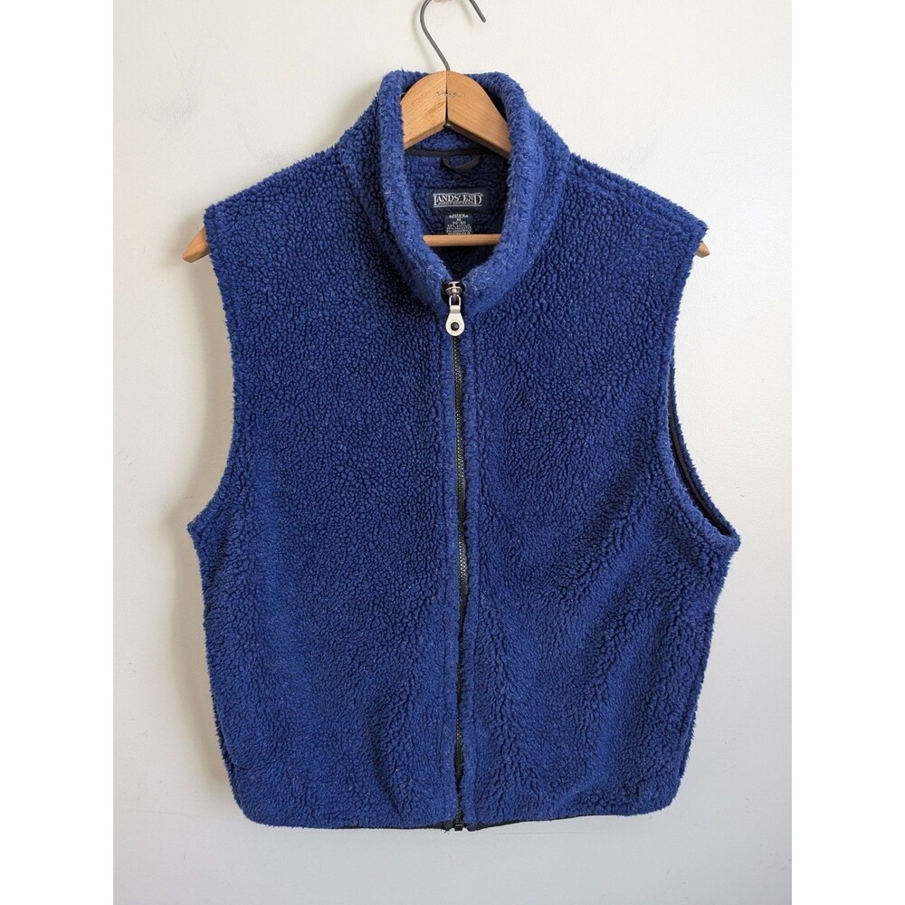 Vintage 90's Lands End Mens Fleece Vest Blue Sherpa Full Zip Up Size M Unlined